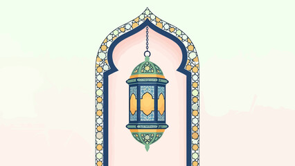 Fototapeta premium Decorative Islamic Lantern Hanging in Ornate Archway with Geometric Patterns