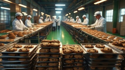Factory workers arranging cookies on conveyor belts