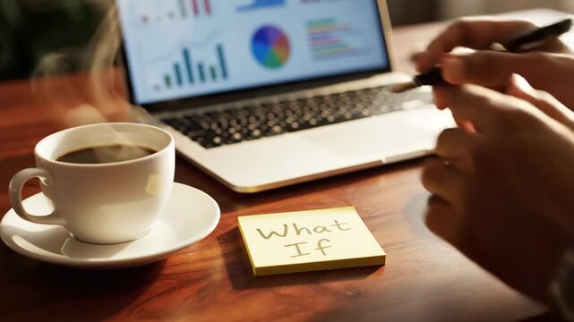 Business Strategy and Planning with Coffee - This video shows a desk setting with a cup of coffee, a laptop displaying graphs, and a "What If" sticky note, implying strategic planning.