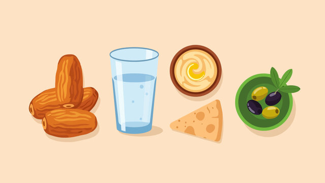 Healthy Breakfast Ingredients Dates Water Cheese Hummus and Olives