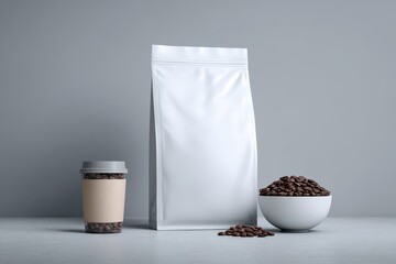 Vibrant photo of White coffee bag mockup with disposable cup and bowl of coffee beans on gray background