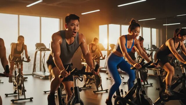 Indoor Cycling Class in Gym - An indoor cycling class is in session at a modern gym. Several people are riding stationary bikes, including a man and woman in the foreground who are focused on their