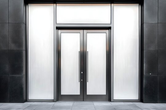 Minimalist modern glass double doors with frosted panels and tall metal handles framed by dark tiled facade, calm clean corporate entrance