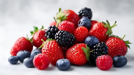 Obraz premium Assortment of Fresh Berries on a White Background / 白い背景の上の新鮮なベリーの盛り合わせ