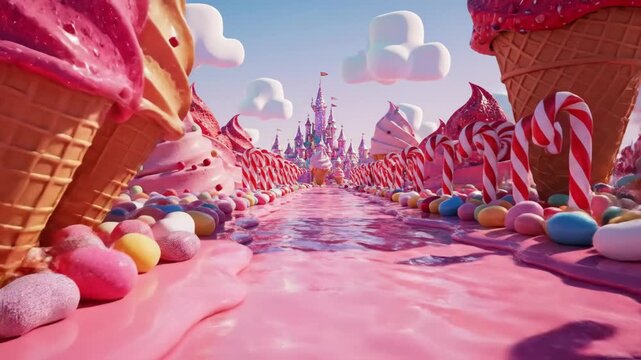 Candy Land Dreamscape - A surreal video of a candy land, featuring a pink river-like road leading to a fantasy castle in the distance.