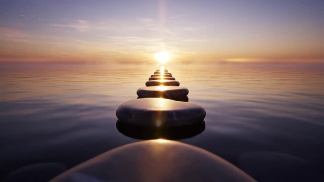 Stepping Stones to Sunset - This video shows a row of stepping stones leading into a calm body of water towards a bright sunset. The sun reflects off the water and the smooth surfaces of the stones.