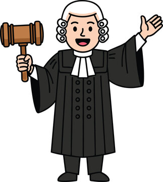 Cheerful cartoon judge wearing traditional black robes and white wig holding a wooden gavel for legal justice and courtroom concepts