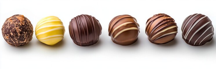 Obraz premium Assortment of six round chocolate truffles in various coatings and drizzles arranged in a neat row on a white background