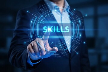 Professional Businessman Interacting with Futuristic Holographic Dashboard Visualizing Career Skills and Professional Competencies