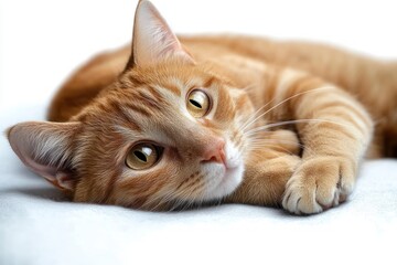 relaxed ginger tabby cat lying on its side on a white surface, soft fur, expressive golden eyes and a gentle curious look