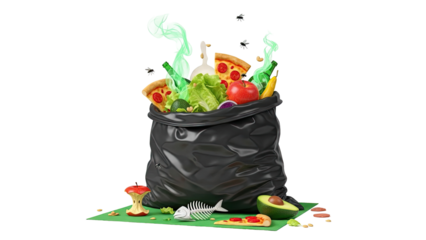 Overflowing Trash Bag with Spoiled Food and Flies
