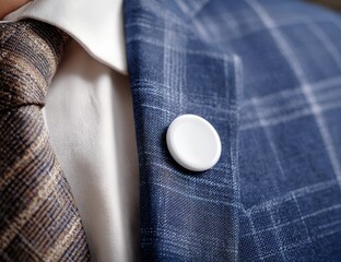 Vibrant photo of Close-up of a man's blue plaid suit lapel with a white lapel pin, white shirt, and patterned brown tie, highlighting men's fashion.