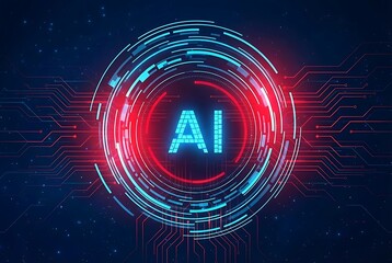 Futuristic Artificial Intelligence Symbol with Glowing Blue AI Text in Circular HUD Interface on Dark Background