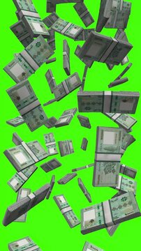 Vertical Lebanese Pound bills falling on chromakey, LBP finance animation