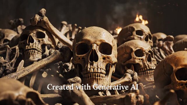 Pile of Skulls and Bones with Fire - A close-up shot shows a large pile of human skulls and bones, suggesting a mass grave or the aftermath of a battle.