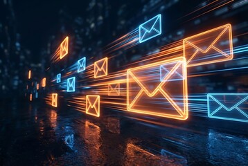 Fast Digital Communication Concept with Glowing Mail Envelopes and High-Speed Motion Trails on Dark Background