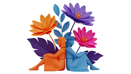 Two figures with colorful flowers and leaves