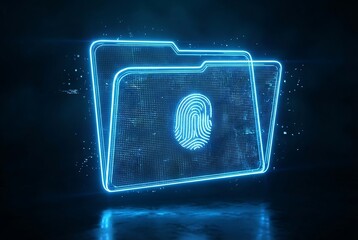 Biometric Cyber Security Concept Glowing Holographic Fingerprint Scan on Transparent Digital Data Folders