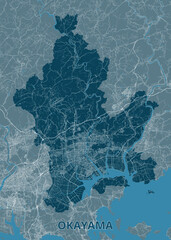 Map of Okayama, Japan. The map features a color scheme of blues and grays, with the city and surrounding areas depicted in darker shades of blue.