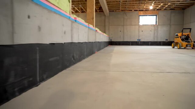 Unfinished Basement Construction - A newly constructed basement with a concrete floor and foundation walls is shown. The foundation walls have a black waterproof membrane installed.