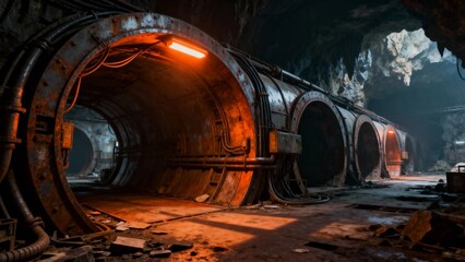 Abandoned industrial tunnel system with rusted pipes and dim lighting in a cavernous underground setting