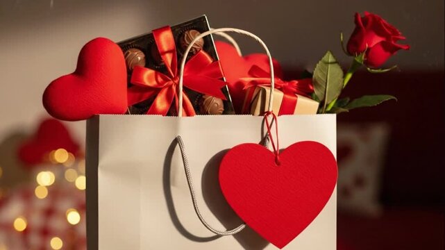 A white gift bag filled with a red heart, chocolates, and a rose