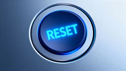 A glowing blue reset button with a metallic border on a gradient background.