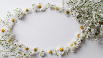 Vibrant photo of Beautiful oval floral frame made of white daisy-like flowers and baby's breath, isolated on white background.