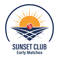 Sunset Club Early Matches logo featuring a rising sun over a stylized cricket pitch and red ball for local sports team branding and athletic tournaments