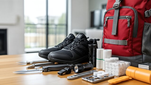 Emergency action plan supplies arranged on a wooden table, featuring a red backpack, black shoes, and various essential tools for preparedness and safety.