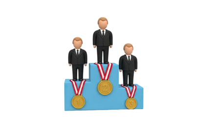 Three businessmen in suits on a podium with medals