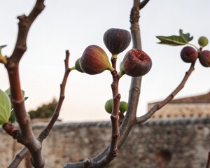 Abundant ripe figs hang from bare branches of a fig tree against a soft sky with a blurred ancient stone wall in the background.