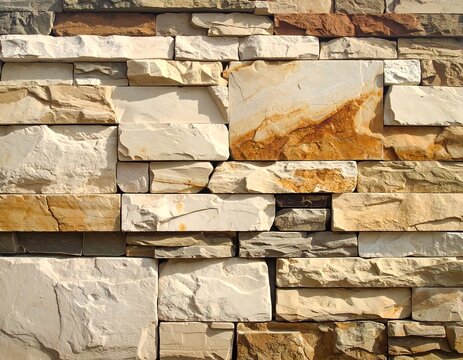 Close-up of a textured stone wall, multi-colored and layered