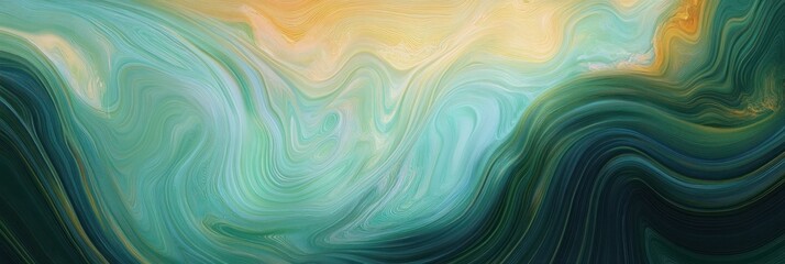 Obraz premium Abstract swirling patterns in shades of green, teal, yellow, and black creating a fluid and dynamic impression with a sense of movement and depth