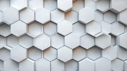 Fototapeta premium three-dimensional white hexagonal honeycomb wall with protruding and recessed tiles, soft shadows and warm highlights conveying calm minimalist order