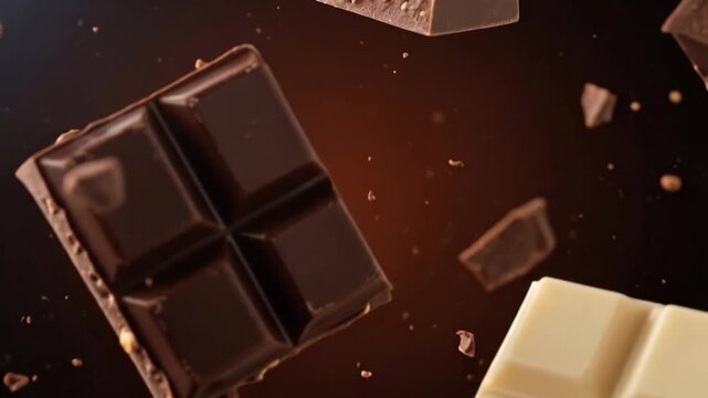 A close-up photograph of assorted chocolate bars and chunks scattered on a dark brown surface, with one white chocolate bar prominently displayed in the foreground