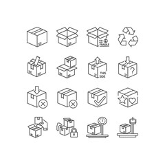 A comprehensive set of minimalist outline icons illustrating various packaging, shipping, and delivery processes, including boxes, handling symbols, and logistics concepts.