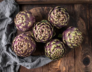 Obraz premium Close-up of artichokes on a wooden board with a cloth