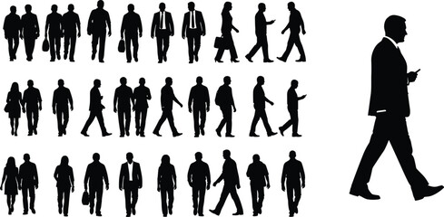 Set of business people silhouettes walking and commuting in city including professional men and women in suits for urban lifestyle vectors