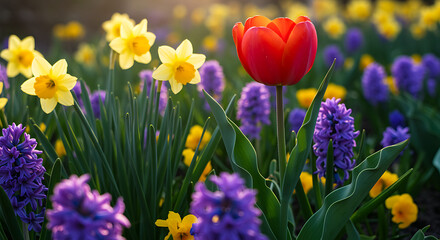 Vibrant red tulip standing out among yellow daffodils and purple hyacinths