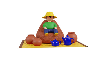 Obraz premium Boy with yellow hat sitting among clay pots and blue teapots