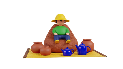 Boy with yellow hat sitting among clay pots and blue teapots