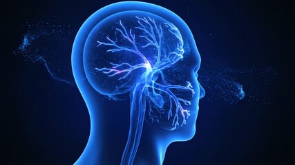 Glowing blue 3D illustration of a human head in profile with a visible brain and neurons on a dark background. - Powered by Adobe