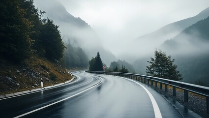A winding asphalt highway leads through a foggy mountain landscape where clouds touch the snow-capped peaks and evergreen trees line the scenic summer drive