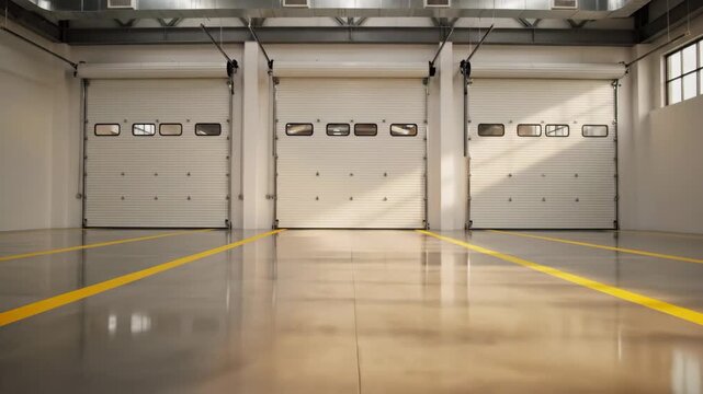 Empty Industrial Warehouse with Roller Doors - The video showcases a spacious, empty industrial warehouse with three large closed roller doors.