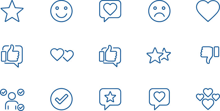 Social media engagement and customer feedback line icon set featuring heart likes, star ratings, thumbs up, happy and sad faces, and speech bubble testimonials.