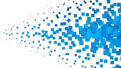 Blue pixel squares scattered on white background, technology concept