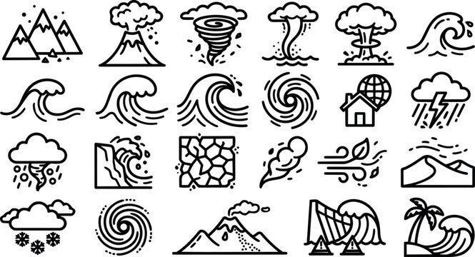 Line art flat design natural disaster icon set grid showing waves volcano tornado earthquake flood storm symbols for emergency signage