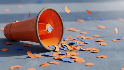 Orange megaphone with blue and orange confetti on gray surface, celebration announcement