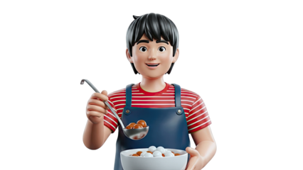 Cartoon boy holding bowl of tangyuan and ladle